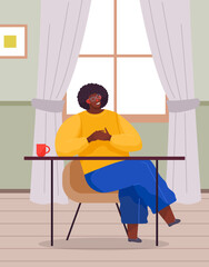 Business man is relaxing and dreaming about something at his work place. Modern office interior. Business concept with african american male character sitting at table with cup of coffee at home
