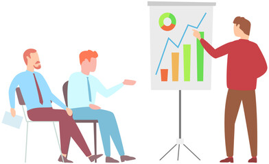 Manager makes presentation of statistical report analysis charts. Planning business. Teamwork consulting for project management, financial reporting and strategy. Data analysis research statistics