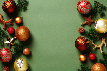 Green Christmas background with balls, decorations, fir branches. Christmas holiday celebration, winter, New Year concept. Christmas banner mockup, greeting card template. Vintage, retro style.
