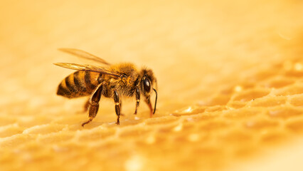 A bee works on honeycombs. Close-up, selective focus.