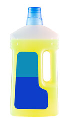 Cleaning or detergent, in a plastic bottle with a label. On a white background.