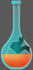 Broken laboratory beaker with reagent. Theme of chemistry, medicine. Concept of explosive chemical reaction, dangerous try. Test tube, dark background. Failed experiment in lab. Error creating vaccine