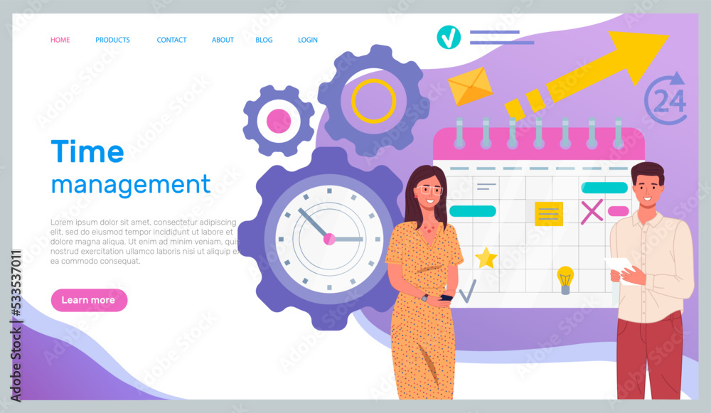 Poster time management, workflow organization website layout. work efficiency, productivity increase, web d