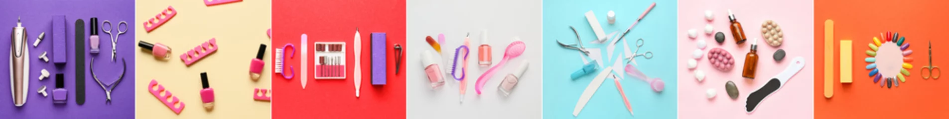 Foto op Canvas Set of supplies for manicure and pedicure on color background © Pixel-Shot
