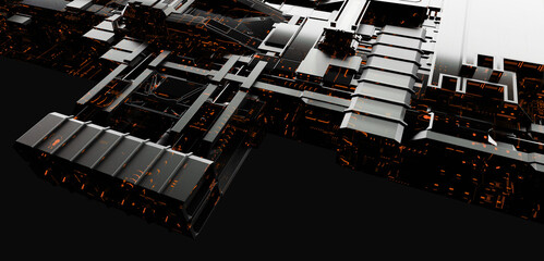 Future industrial complex or space station or Sci-fi style futuristic facility external panel background. Illuminated area in dark side. Exterior of scifi facility. 3D Illustration, 3D rendering. 