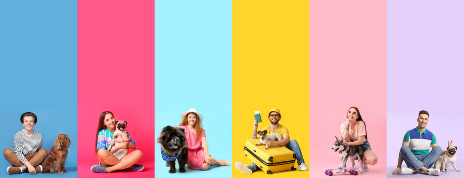 Set of people with their dogs on colorful background