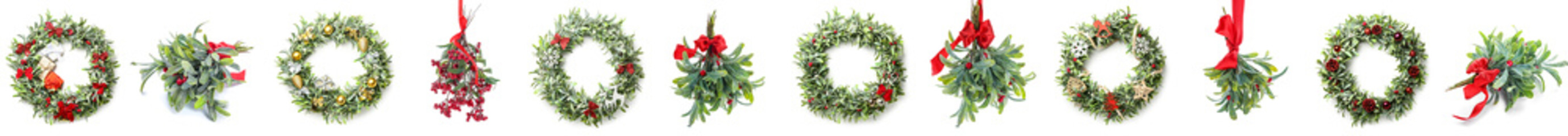 Set of mistletoe branches and wreaths isolated on white