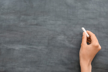 Naklejka premium Female hand with chalk against school blackboard
