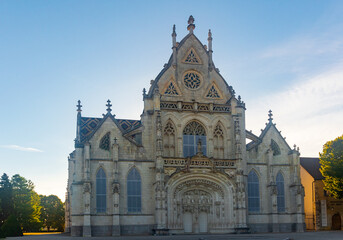 Royal Monastery of Brou from outside. Religious complex in Flamboyant Gothic style at Bourg-en-Bresse, France.