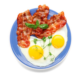 Plate of tasty fried eggs with bacon on white background