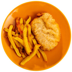Breaded pork schnitzel in oven with fried potatoes. Isolated over white background