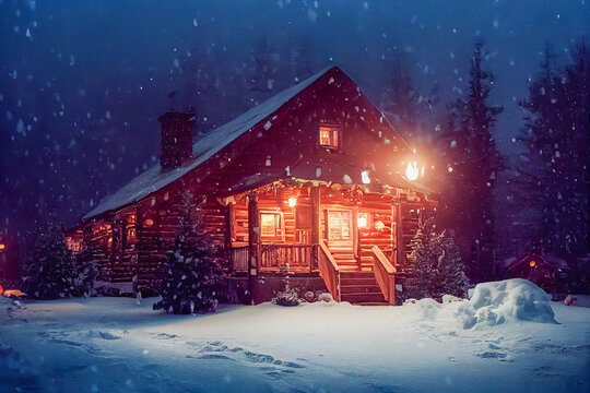 old scandinavian style wooden cabin in the snow forest, Christmas theme.