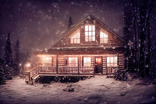 old scandinavian style wooden cabin in the snow forest, Christmas theme.