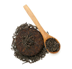 Spoon of dry puer tea on white background