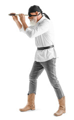 Mature bearded man dressed as pirate with spyglass on white background