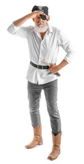 Mature bearded man dressed as pirate on white background
