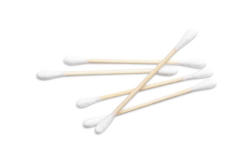 Wooden cotton buds on white background, top view