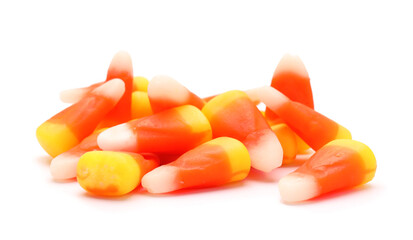 Halloween candy corns on white background