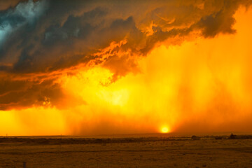 Rainstorm over plains at sunset