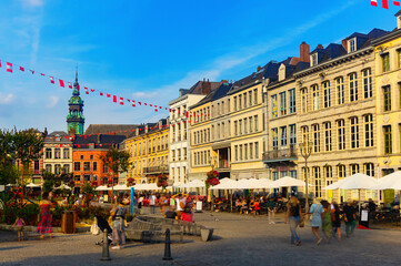 Mons - cafes and restaurants at the central square Gran Place. Province of Hainaut. Belgium