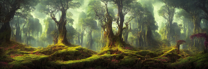 Fototapeta na wymiar beautiful forest with giant trees, fantasy landscape background banner
