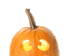 Cute carved Halloween pumpkin on white background