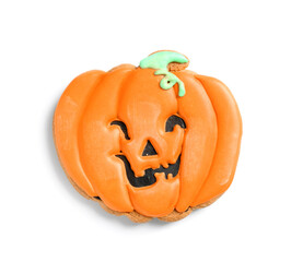 Halloween pumpkin cookie on white background