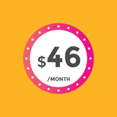 46 dollar price tag. 46$ dollar USD price symbol. price 46 Dollar sale banner in USD. Business or shopping promotion marketing concept
