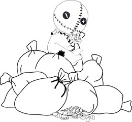 Trick or Treat coloring page. Halloween coloring page for kids. Cartoon children in Halloween costumes. Vector illustration