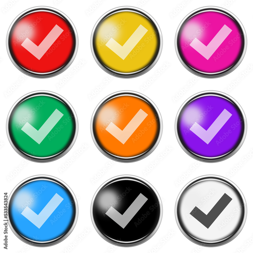 Poster Tick check mark button icon set with clipping path 3d illustration
