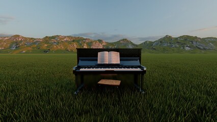 piano with mountain background 3d render