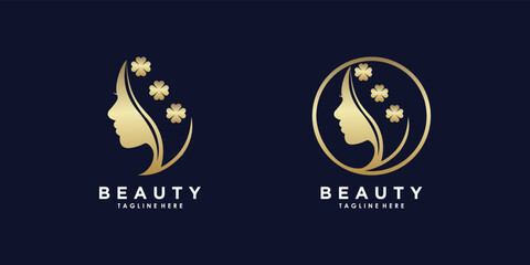 Fototapeta na wymiar beauty woman logo design with beauty golden gradient style