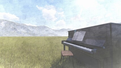 piano with mountain background 3d render © Hirzan