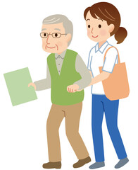 高齢者に付き添う介護福祉士　ヘルパー