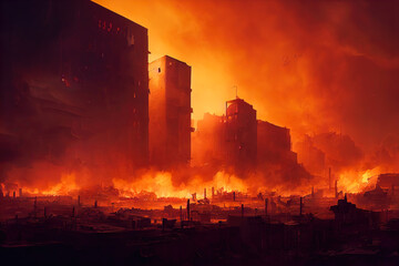Fototapeta na wymiar 3D Illustration. Digital Art. Warzone city with small smoke and fire sources, concept art