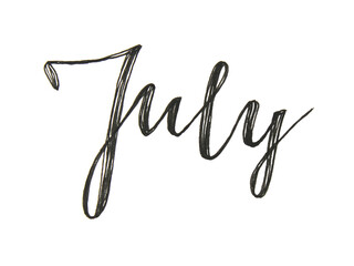 Obraz premium Lettering word July isolated on white background. Text for calendar or notebook. Hand-drawn black marker summer month. Creative clipart for sketchbook or daily planner