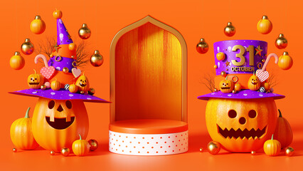 3d rendering happy halloween podium, pumpkin in hat, hanging and decoration ball on orange background, October 31st for banner website, template design,  product display or greeting card