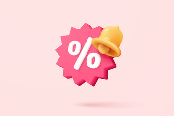 3d tag price icon with bell notification for discount coupon online. sales with an excellent offer for shopping, special offer promotion reminder. 3d price tags icon vector render illustration - obrazy, fototapety, plakaty
