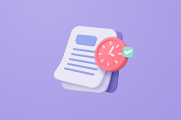 3D minimal document with clock alert on purple background..White clipboard task management todo check list for business planning. 3d document and time reminder icon vector render illustration - obrazy, fototapety, plakaty