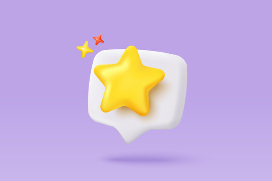 3d yellow stars glossy color icon for game on purple background. Customer rating feedback from client about employee of UI website concept. 3d star quality icon vector with shadow render illustration