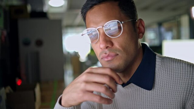 Hacker, cyber security or digital programmer man thinking, database coding and web designer or UX software. Corporate businessman face with digital planning, tech work or web strategy online at work