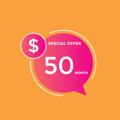 $50 USD Dollar Month sale promotion Banner. Special offer, 50 dollar month price tag, shop now button. Business or shopping promotion marketing concept
