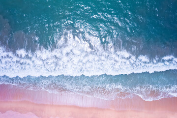 Aerial view drone over beach sea, Beautiful sea waves background, Beach sand sea surface, Summer season seascape at Phuket island Thailand, High angle view, Top down
