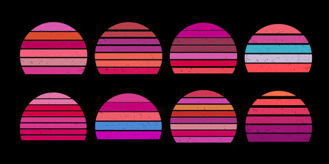 Retro sunset collection 80s or 90s style. Striped colorful circles with grunge effect texture