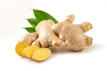 Ginger with slices and leaves isolated on white background