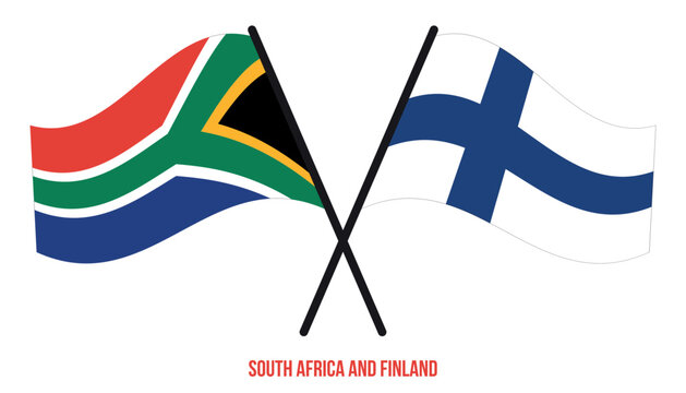 South Africa and Finland Flags Crossed And Waving Flat Style. Official Proportion. Correct Colors.