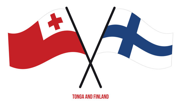 Tonga and Finland Flags Crossed And Waving Flat Style. Official Proportion. Correct Colors.