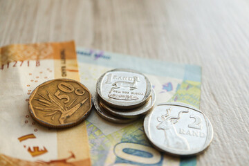 South African currency including Rands and Cents. Banknotes and coins. Concept of Business, money...