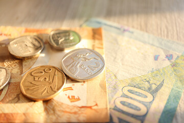 South African currency including Rands and Cents. Banknotes and coins. Concept of business, Money and Finances