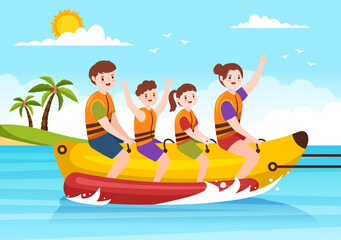 Playing Banana Boat and Jet Ski Holidays on the Sea in Beach Activities Template Hand Drawn Cartoon Flat Illustration